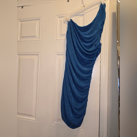 Blue one shoulder Mini Rouched dress - Picture 2 of 3